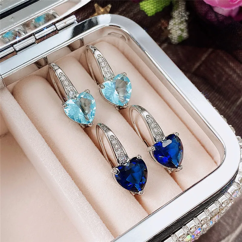 Elegant Heart Shape Crystal Drop Earrings For Women 925 Silver Claw Setting Sea Blue Romantic Everyday Wear Jewelry