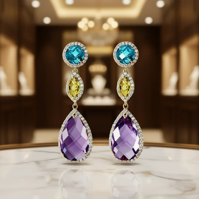 Golden Plated Crystal & Rhinestone Drop Earrings Amethyst Water Drop Shape Women Party Jewelry Romantic Style Fashion Dangle