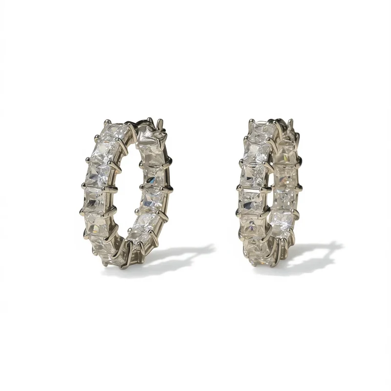 Luxury White Gold Geometric Hoop Earrings Baguette Cut Diamonds Channel Setting Inlay Technology for Women Everyday Wear Fine