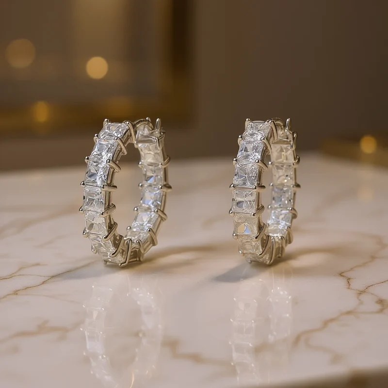 Luxury White Gold Geometric Hoop Earrings Baguette Cut Diamonds Channel Setting Inlay Technology for Women Everyday Wear Fine