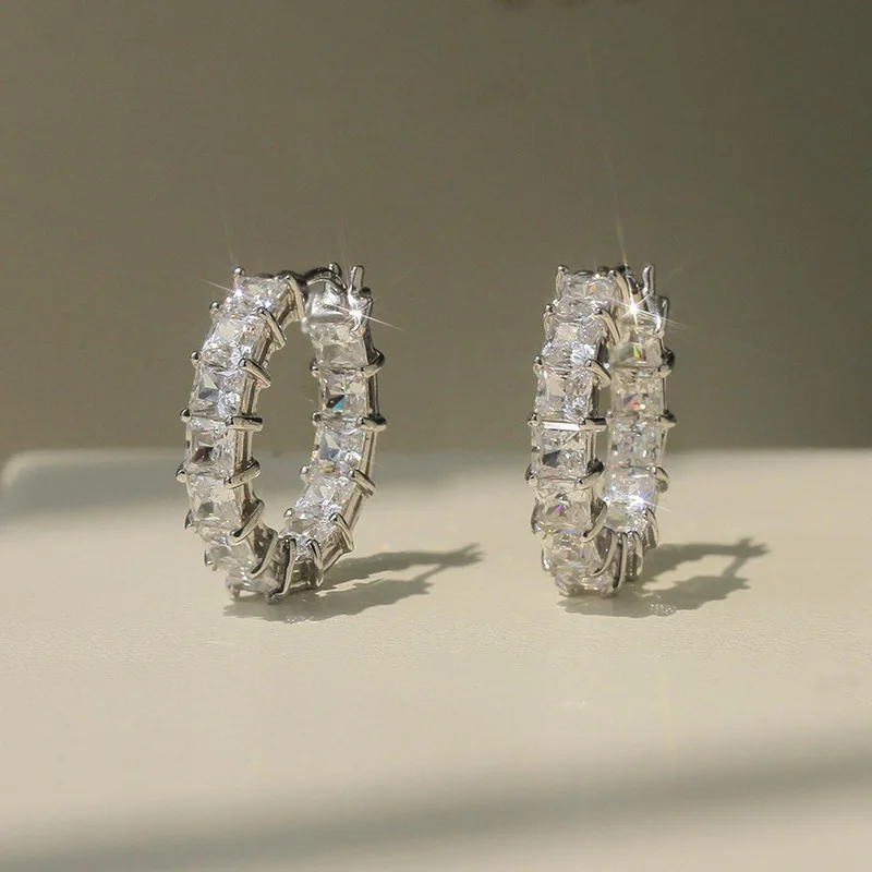 Luxury White Gold Geometric Hoop Earrings Baguette Cut Diamonds Channel Setting Inlay Technology for Women Everyday Wear Fine