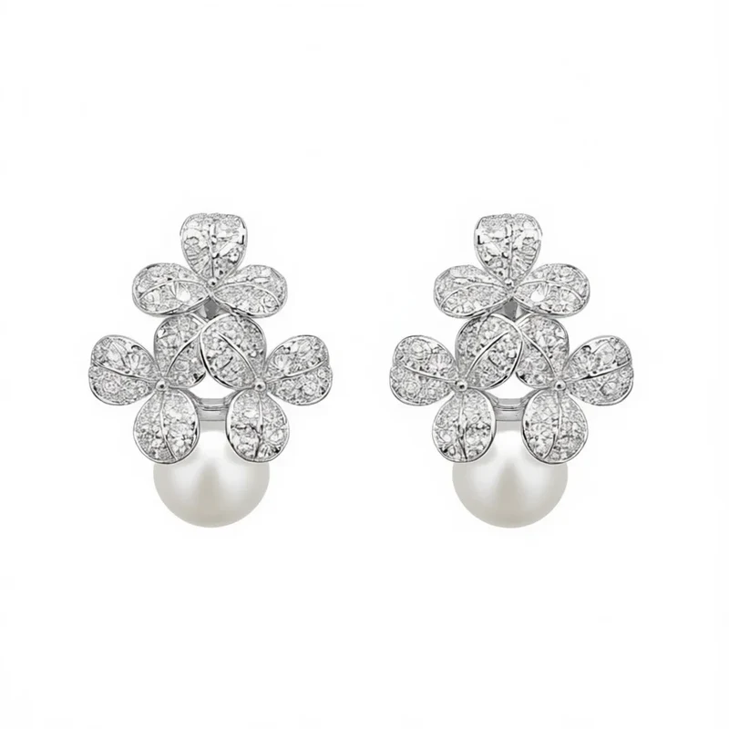 E3552 White Gold Flower Stud Earrings With Diamond Pav And Freshwater Pearl For Women Luxury Jewelry