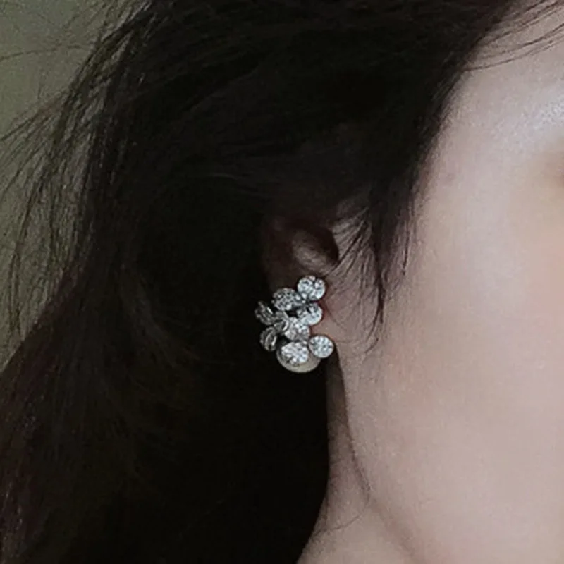 E3552 White Gold Flower Stud Earrings With Diamond Pav And Freshwater Pearl For Women Luxury Jewelry