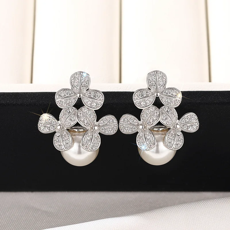 E3552 White Gold Flower Stud Earrings With Diamond Pav And Freshwater Pearl For Women Luxury Jewelry