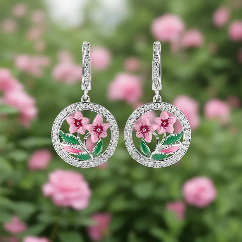 Romantic Flower Drop Earrings For Women Silver Plated Crystal Rhinestone Round Brilliant Cut Party Jewelry Fashion Dangle