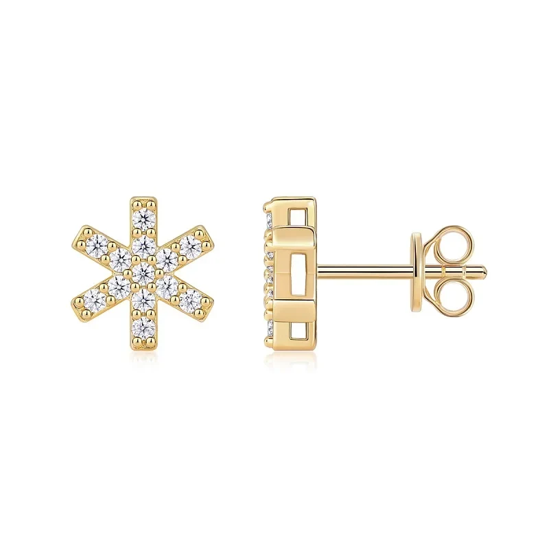 Gold Plated Starburst Stud Earrings with Moissanite Iced Out Minimalist Design for Women