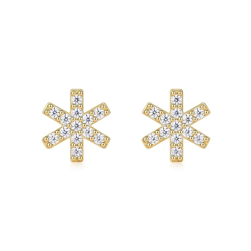 Gold Plated Starburst Stud Earrings with Moissanite Iced Out Minimalist Design for Women