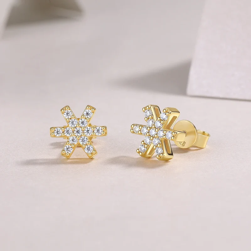 Gold Plated Starburst Stud Earrings with Moissanite Iced Out Minimalist Design for Women