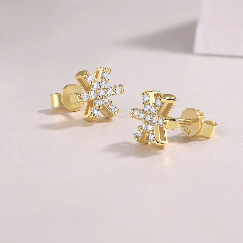 Gold Plated Starburst Stud Earrings with Moissanite Iced Out Minimalist Design for Women