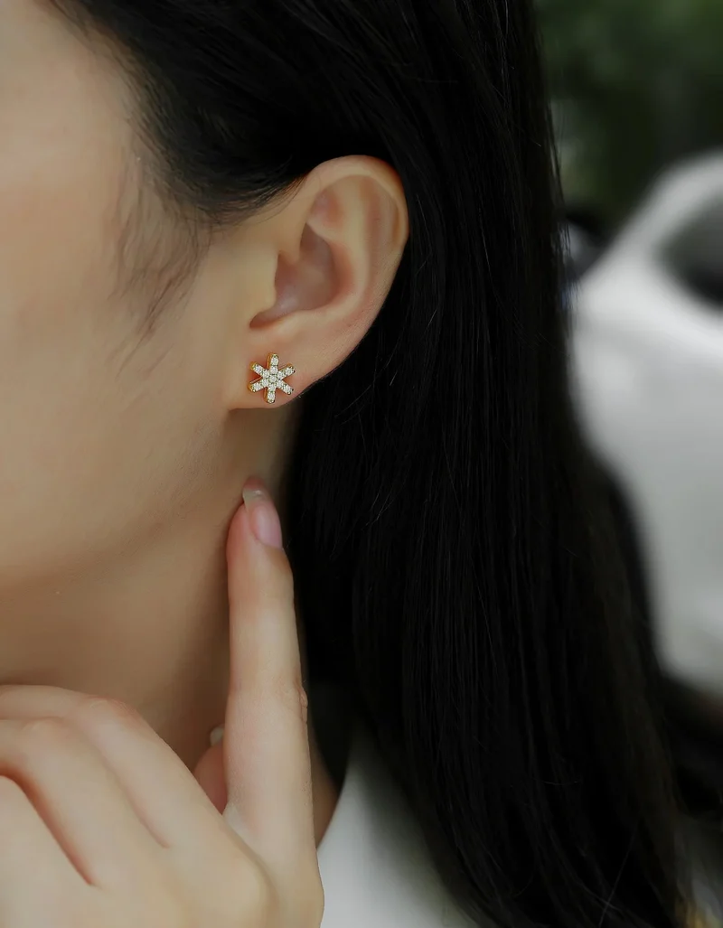 Gold Plated Starburst Stud Earrings with Moissanite Iced Out Minimalist Design for Women