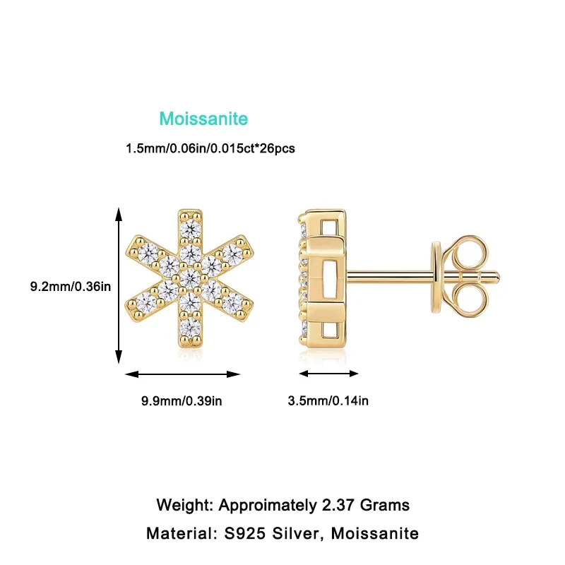Gold Plated Starburst Stud Earrings with Moissanite Iced Out Minimalist Design for Women