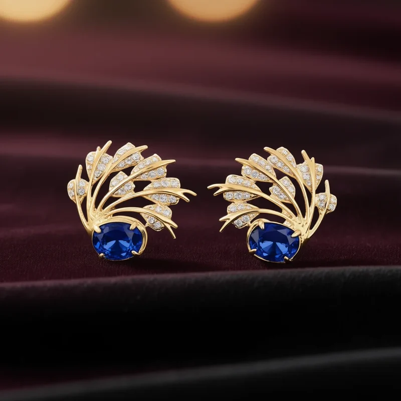 E4723 Golden Stud Earrings With Sapphire And Diamond Plant Design For Women Party Jewelry Classic Style