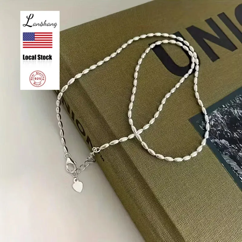Lanshang S925 Sterling Silver Necklace for Women Olive Oval Beads Fine Chains Necklaces Beaded Design