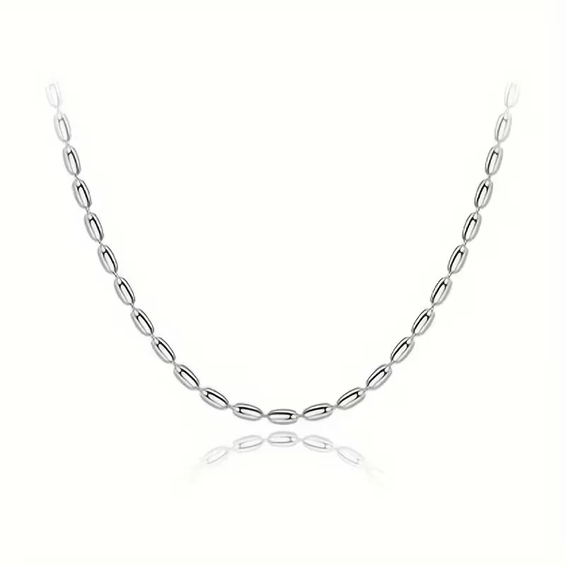 Lanshang S925 Sterling Silver Necklace for Women Olive Oval Beads Fine Chains Necklaces Beaded Design
