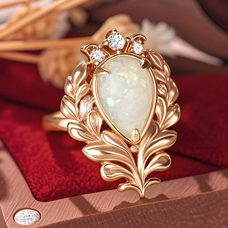 Elegant Opal Cocktail Ring For Women Natural Pear Stone Prong Setting Plant Pattern Wedding Fashion Jewelry A013
