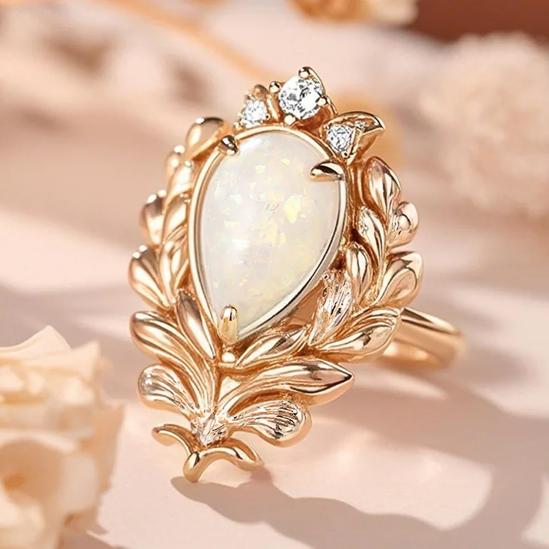 Elegant Opal Cocktail Ring For Women Natural Pear Stone Prong Setting Plant Pattern Wedding Fashion Jewelry A013