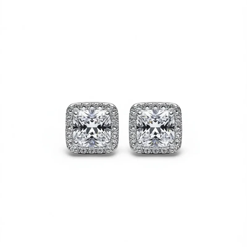 White Gold Princess Cut Zircon Stud Earrings For Women Wedding Classic Geometric Alloy Jewelry