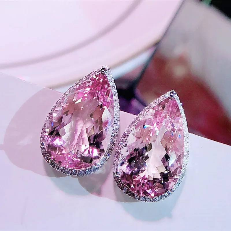 E1301 Pink Pear Cut Stud Earrings With Pink Gemstone Bezel Setting For Women Romantic Party Fashion Jewelry