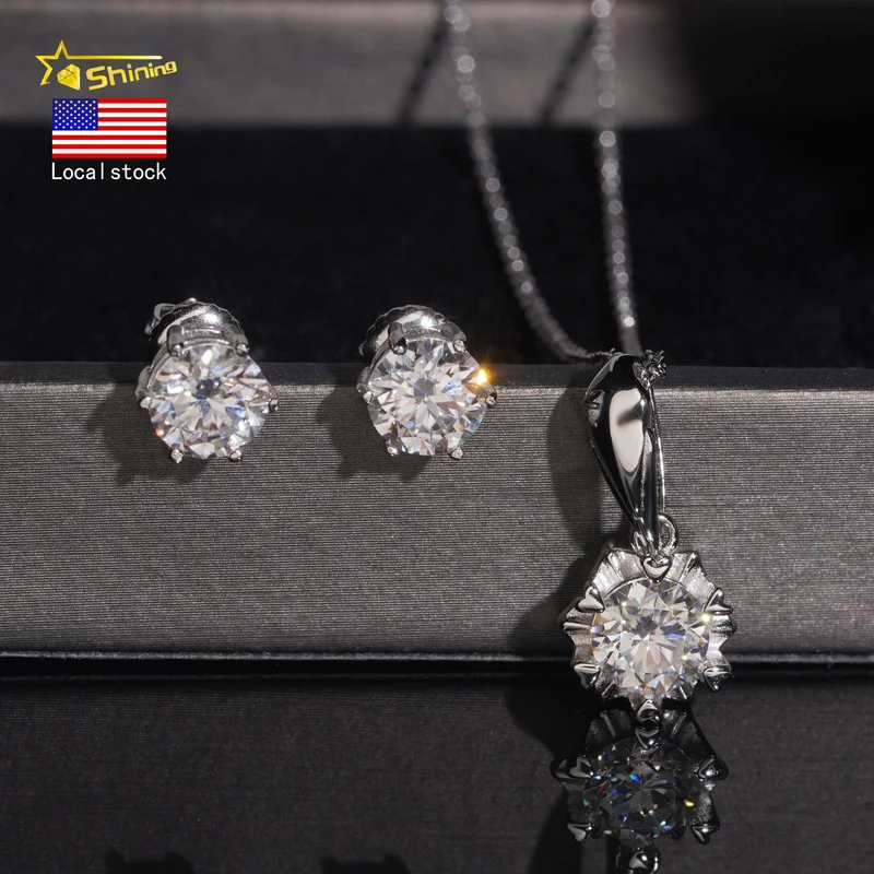 Local Stock Fast Shipping Women Fine Jewelry 925 Silver 6.5mm Moissanite Necklaces Earrings Set