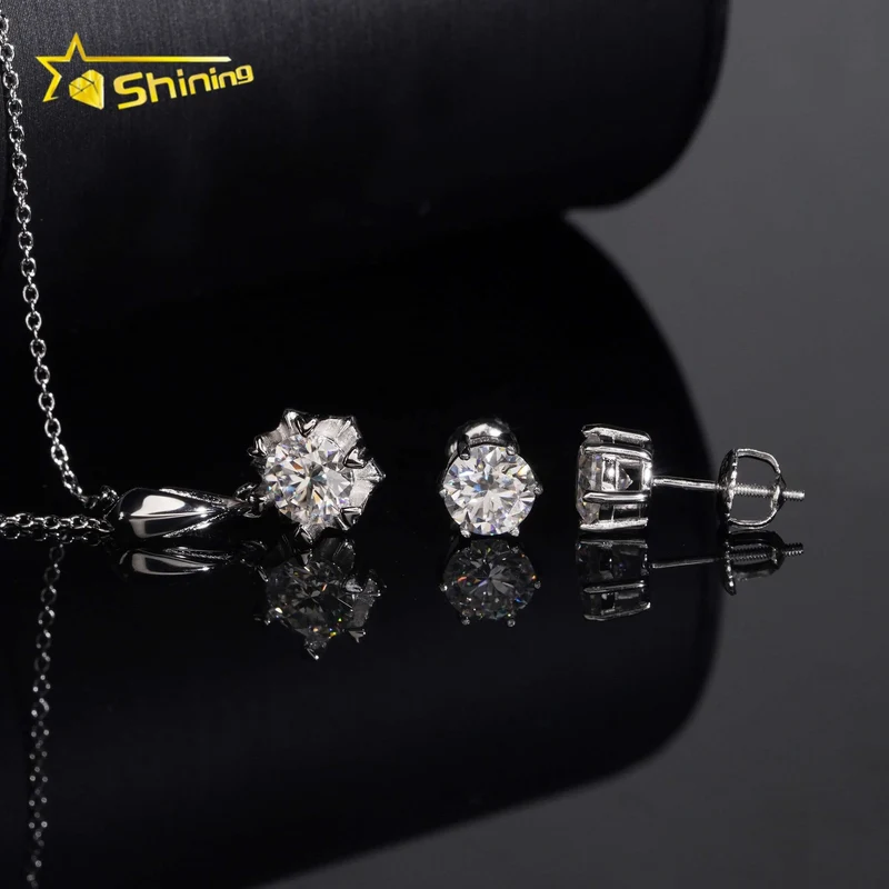 Local Stock Fast Shipping Women Fine Jewelry 925 Silver 6.5mm Moissanite Necklaces Earrings Set