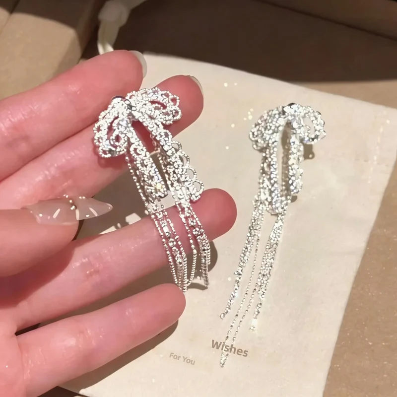 Korean Style Sweet Lace Bow Tassel Drop Earrings Elegant Fashion Design Ethereal Dangling Earrings for Women