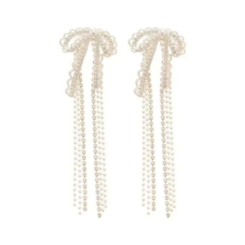 Korean Style Sweet Lace Bow Tassel Drop Earrings Elegant Fashion Design Ethereal Dangling Earrings for Women