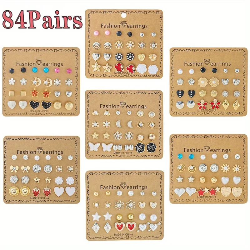 84Pairs Multi-style Stud Earrings for Women, Elegant Butterfly Strawberry Heart Daisy Flower Earrings, Multiple Month Design