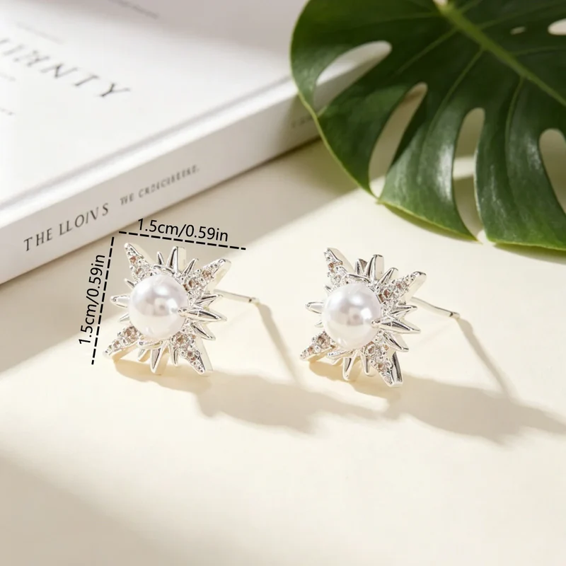 1Pair Women Classic Zircon Stud Earrings with Multi-Pointed Star Design Party Jewelry