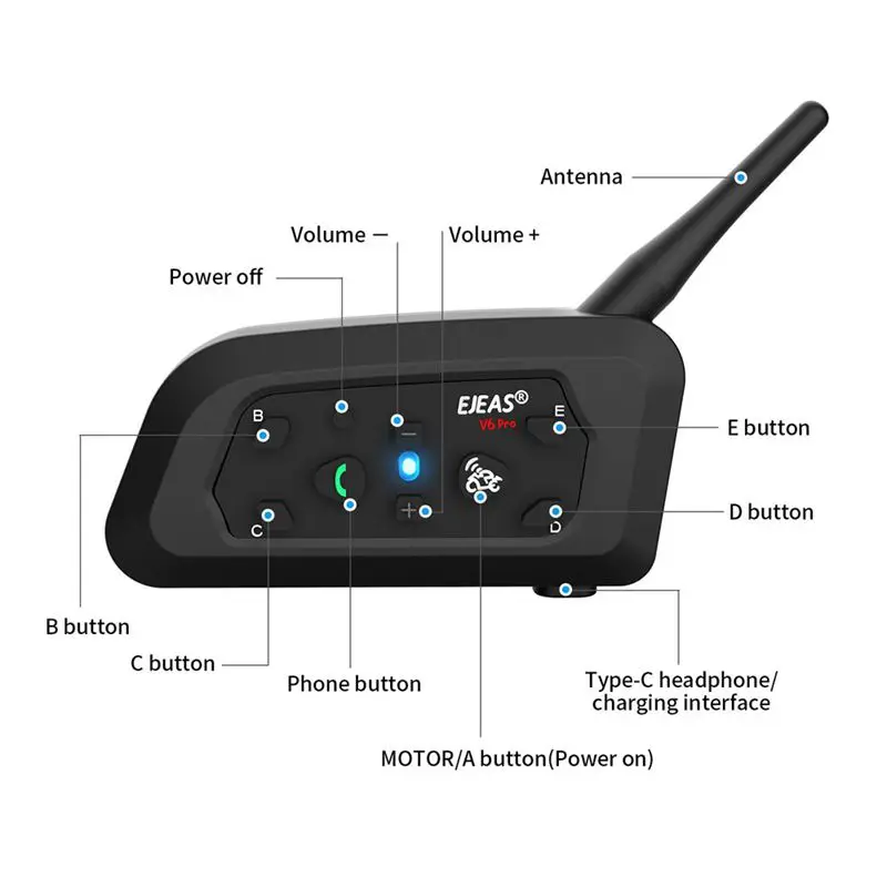 EJEAS V6 Pro Bluetooth Motorcycle Communicator Helmet Intercom Moto Headset With Mic 1200m for 6 Riders