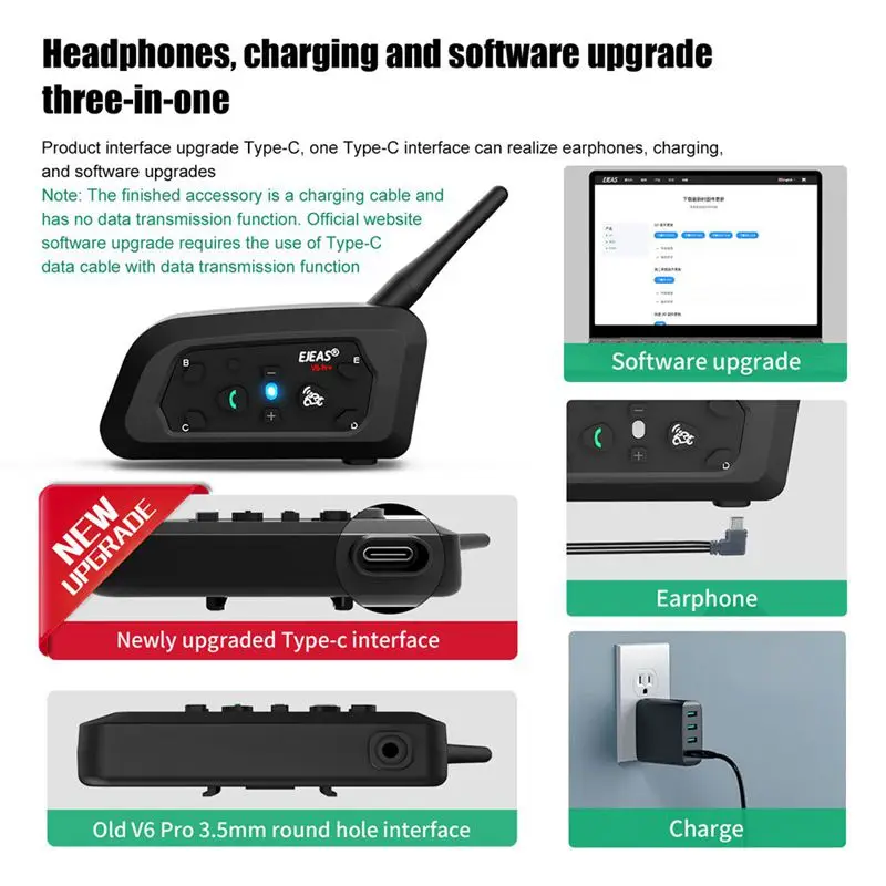 EJEAS V6 Pro Bluetooth Motorcycle Communicator Helmet Intercom Moto Headset With Mic 1200m for 6 Riders
