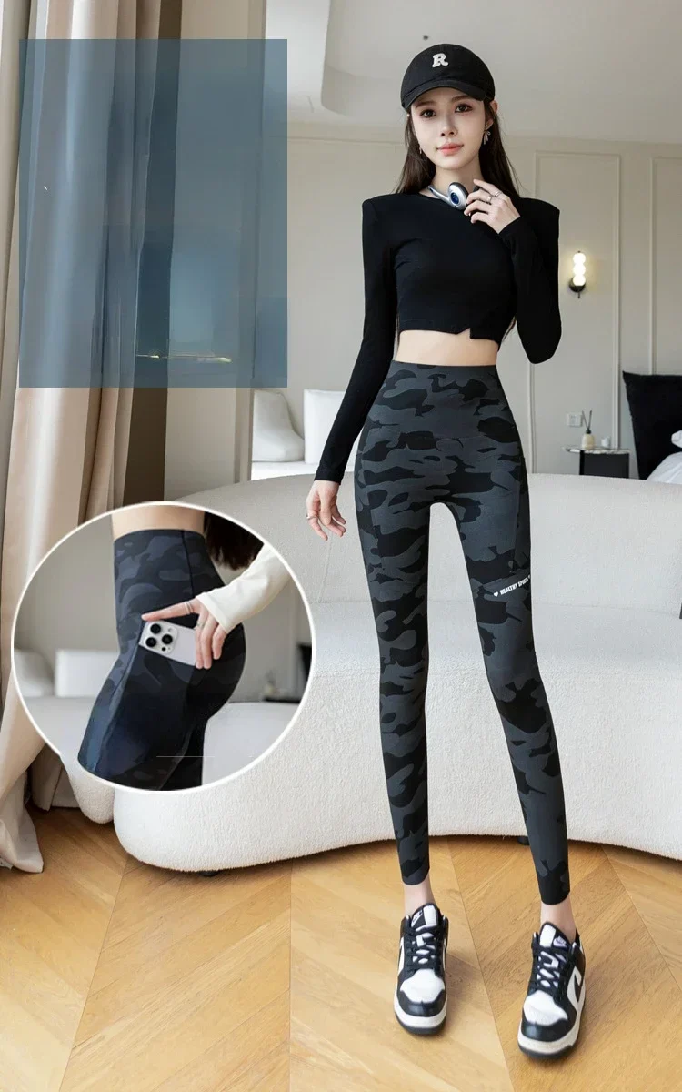 Women Camo Shark Pants High Waist Pocket Leggings Big Size Stretchy Casual Pants Fashion Skinny Yoga Fitness Pants