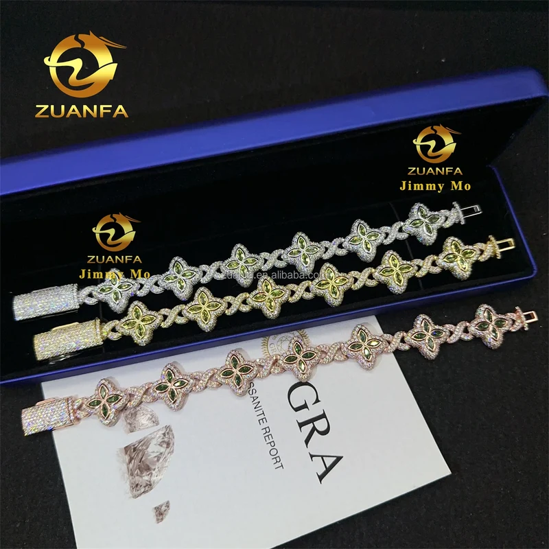 S925 Silver Marquise Flower Design Hip Hop Jewelry Iced Out Men Lab Moissanite Diamond Infinity Cuban Four Cleef Clover Bracelet
