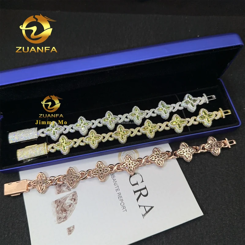 S925 Silver Marquise Flower Design Hip Hop Jewelry Iced Out Men Lab Moissanite Diamond Infinity Cuban Four Cleef Clover Bracelet