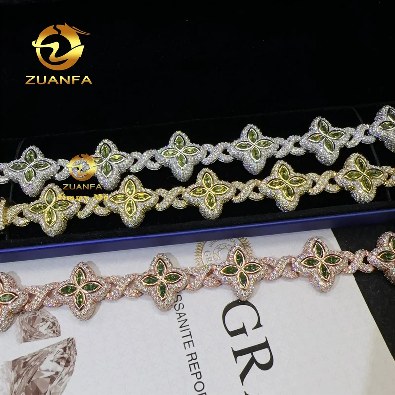 S925 Silver Marquise Flower Design Hip Hop Jewelry Iced Out Men Lab Moissanite Diamond Infinity Cuban Four Cleef Clover Bracelet