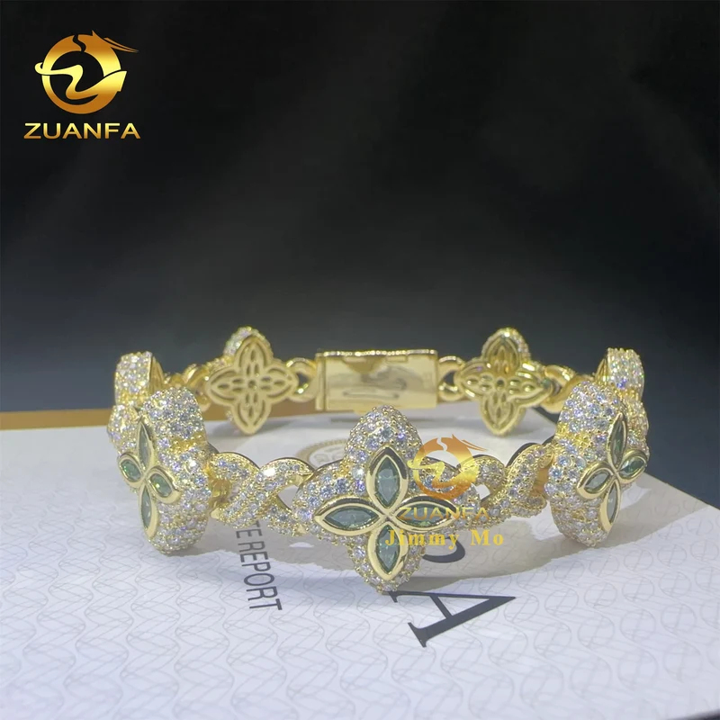 S925 Silver Marquise Flower Design Hip Hop Jewelry Iced Out Men Lab Moissanite Diamond Infinity Cuban Four Cleef Clover Bracelet