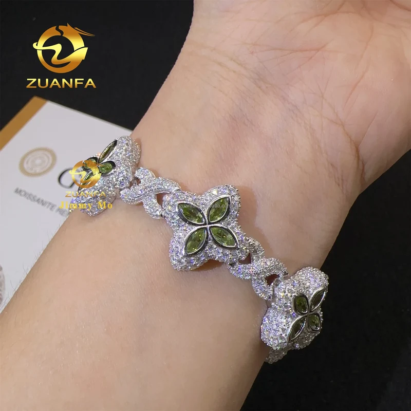 S925 Silver Marquise Flower Design Hip Hop Jewelry Iced Out Men Lab Moissanite Diamond Infinity Cuban Four Cleef Clover Bracelet