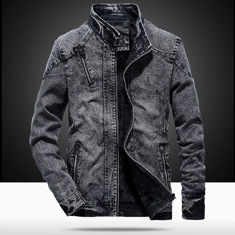 New Vintage Men's Denim Jacket with Wool Fabric Solid Casual Stand Collar Coat Winter Clothes for Men