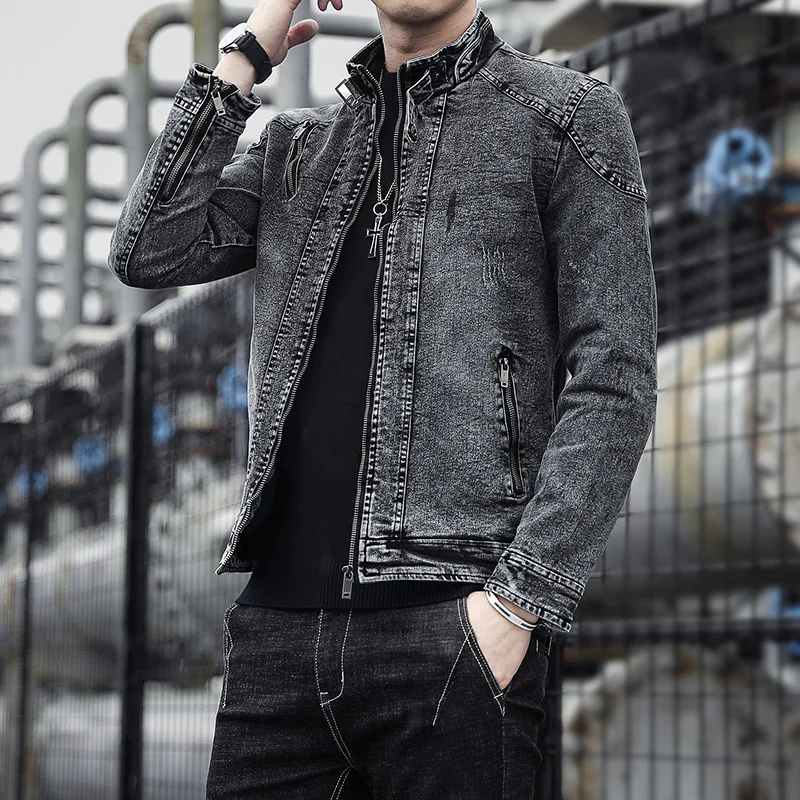 New Vintage Men's Denim Jacket with Wool Fabric Solid Casual Stand Collar Coat Winter Clothes for Men