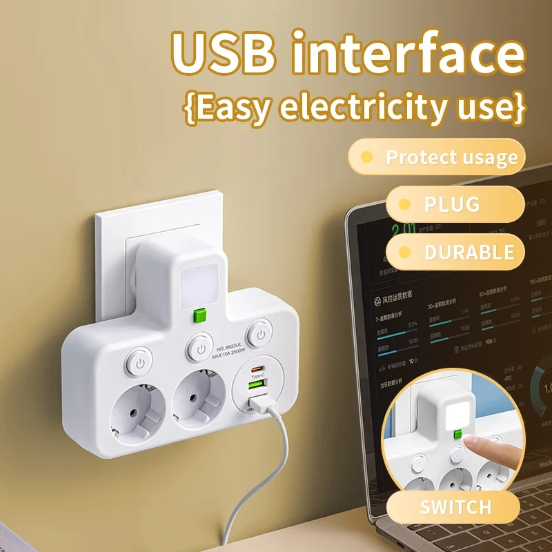 EU plug AC socket power board multi-layer wall socket universal network filter, with or without USB independent switch light ada