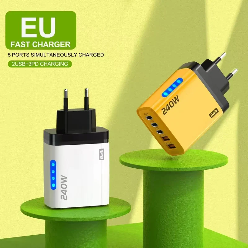 240W GaN Fast Charger 3 USB-C 2 USB-A Ports PD QC3.0 for iPhone 17 16 Galaxy S25 S24 Xiaomi 16 15 Huawei Mate 70 60 Oppo Vivo
