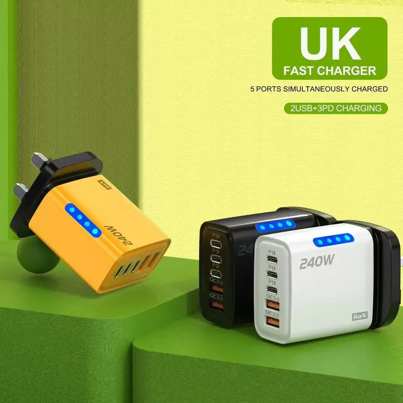 240W GaN Fast Charger 3 USB-C 2 USB-A Ports PD QC3.0 for iPhone 17 16 Galaxy S25 S24 Xiaomi 16 15 Huawei Mate 70 60 Oppo Vivo