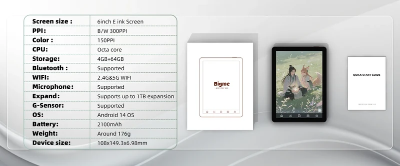 Bigme E-book Reader B6, 6-inch e-ink electronic book, 36-level front light, Android 14 OS built-in Google Play, 4+64GB ereader