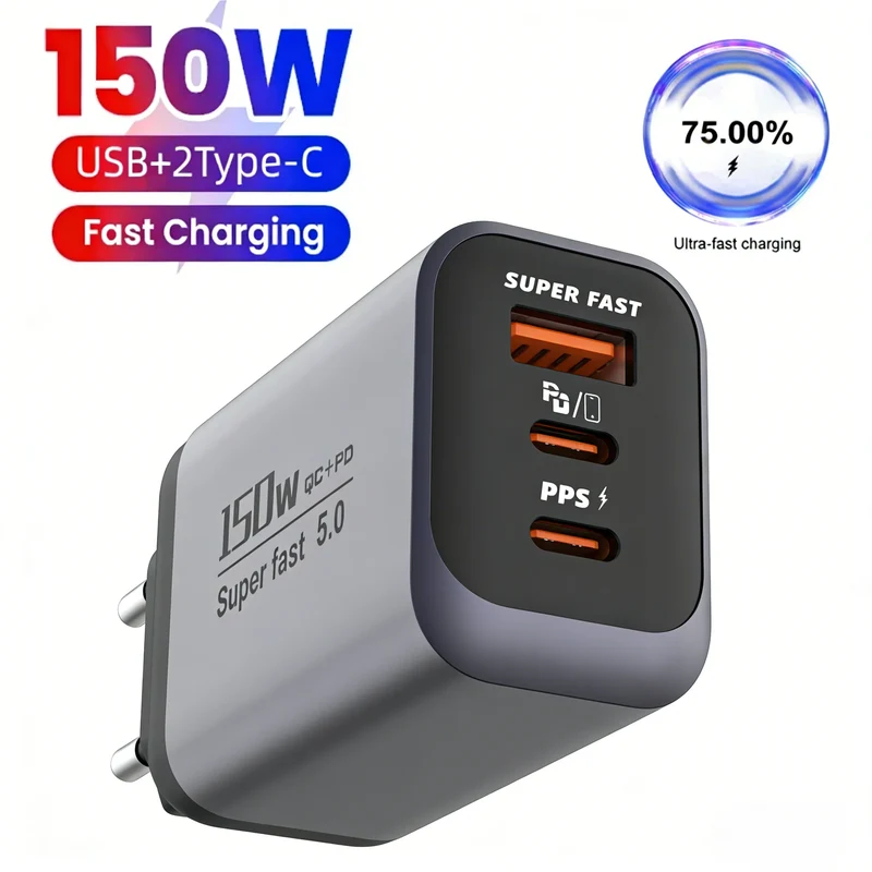 150W Fast Charger 3 Ports USB C PD3.0 QC3.0 Super Fast Wall Adapter for iPhone 17 16 Pro Samsung S24 Xiaomi 15 Huawei EU UK US