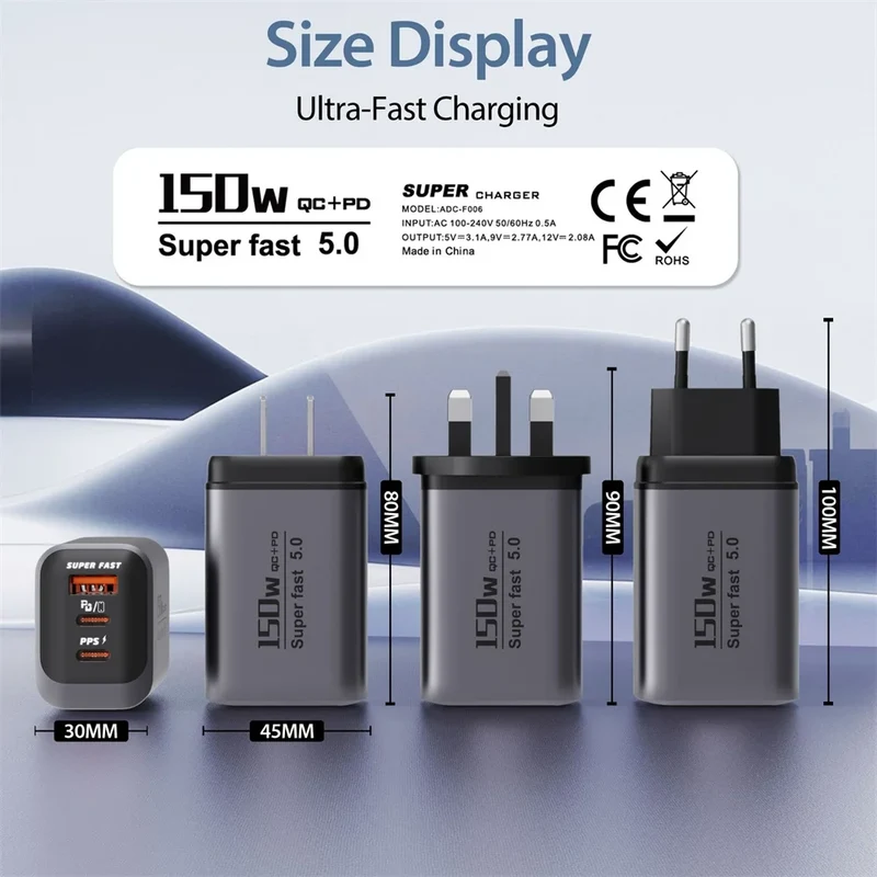 150W Fast Charger 3 Ports USB C PD3.0 QC3.0 Super Fast Wall Adapter for iPhone 17 16 Pro Samsung S24 Xiaomi 15 Huawei EU UK US