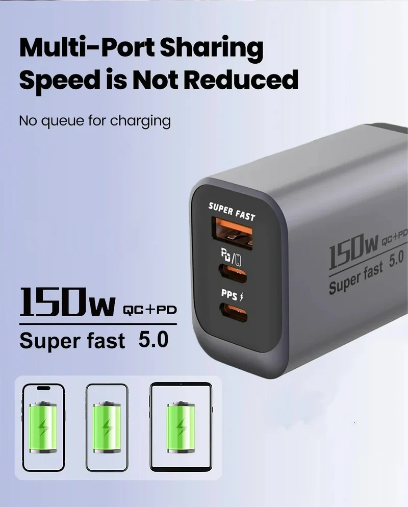 150W Fast Charger 3 Ports USB C PD3.0 QC3.0 Super Fast Wall Adapter for iPhone 17 16 Pro Samsung S24 Xiaomi 15 Huawei EU UK US