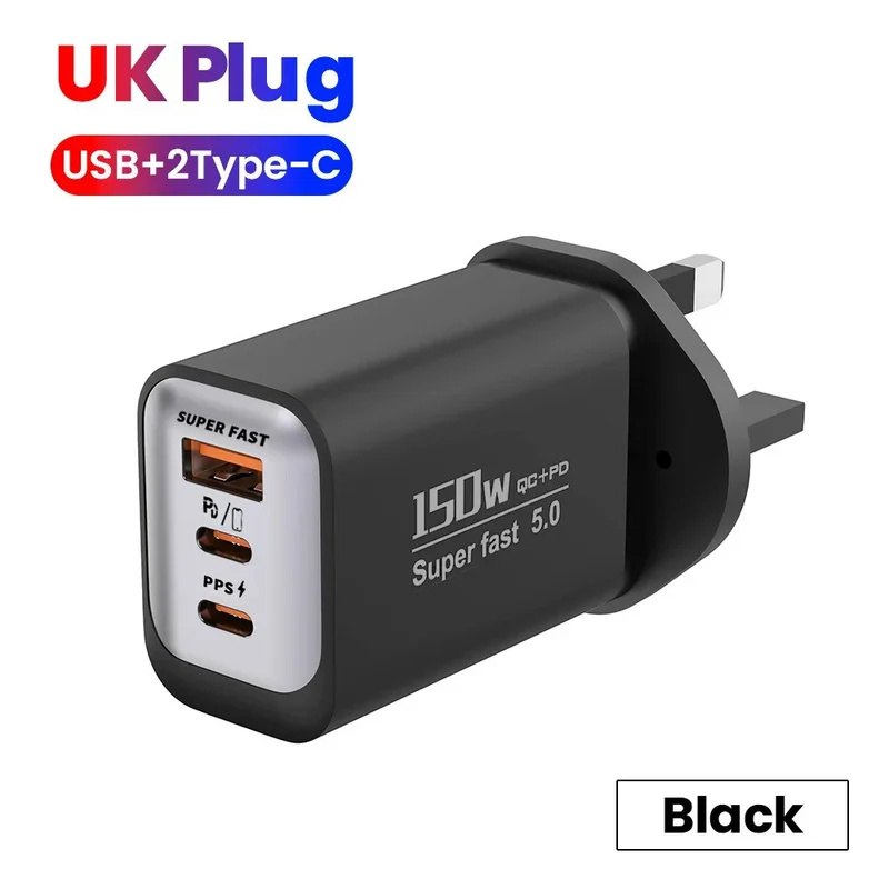 150W Fast Charger 3 Ports USB C PD3.0 QC3.0 Super Fast Wall Adapter for iPhone 17 16 Pro Samsung S24 Xiaomi 15 Huawei EU UK US