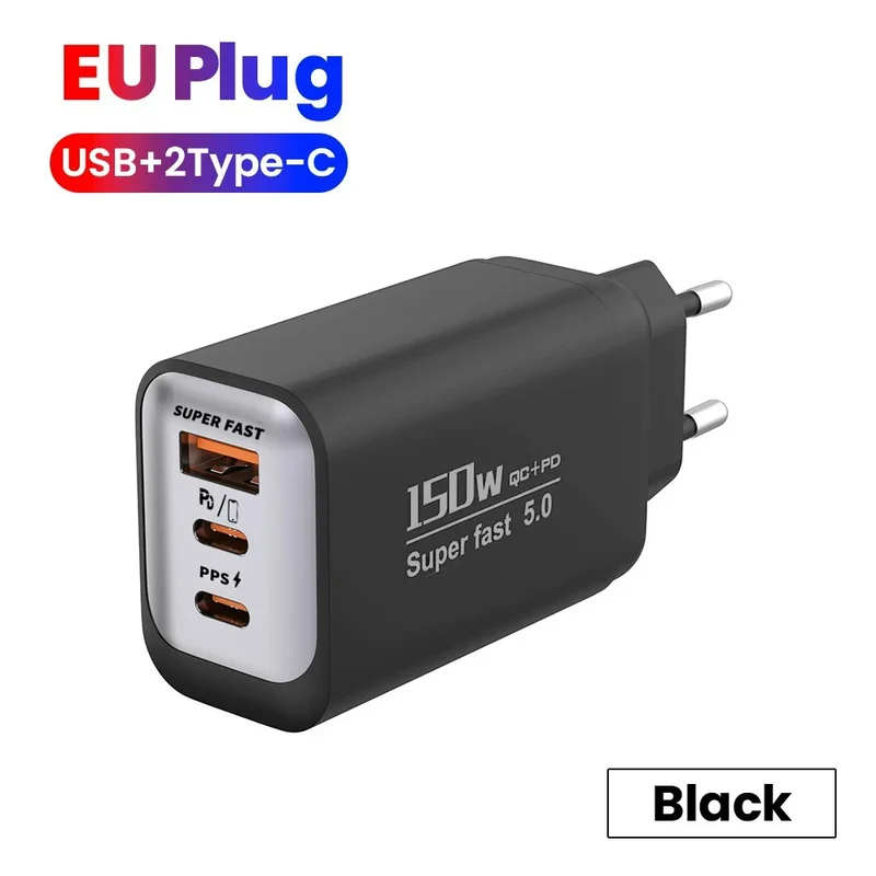 150W Fast Charger 3 Ports USB C PD3.0 QC3.0 Super Fast Wall Adapter for iPhone 17 16 Pro Samsung S24 Xiaomi 15 Huawei EU UK US