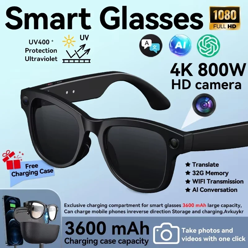 2026 New 8MP Camera Smart AI Glasses 3600mAh Charging Case Power Bank 1080P HD Camera ChatGPT 32GB Translation Video Sunglasses