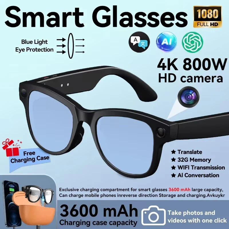 2026 New 8MP Camera Smart AI Glasses 3600mAh Charging Case Power Bank 1080P HD Camera ChatGPT 32GB Translation Video Sunglasses