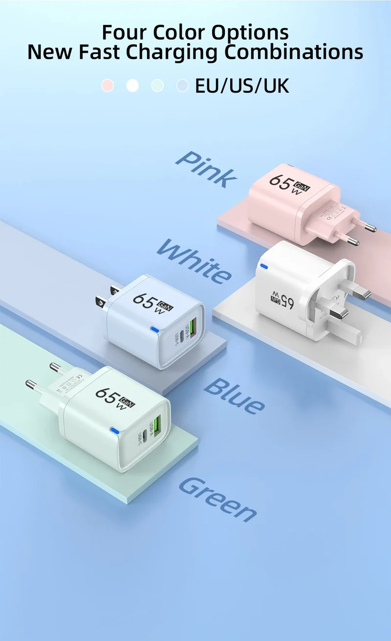 GaN 65W USB C Charger 3 Ports Quick Charge 3.0 QC3.0 Fast Charger Travel Wall Adapter for iPhone Samsung Xiaomi Huawei EU UK US